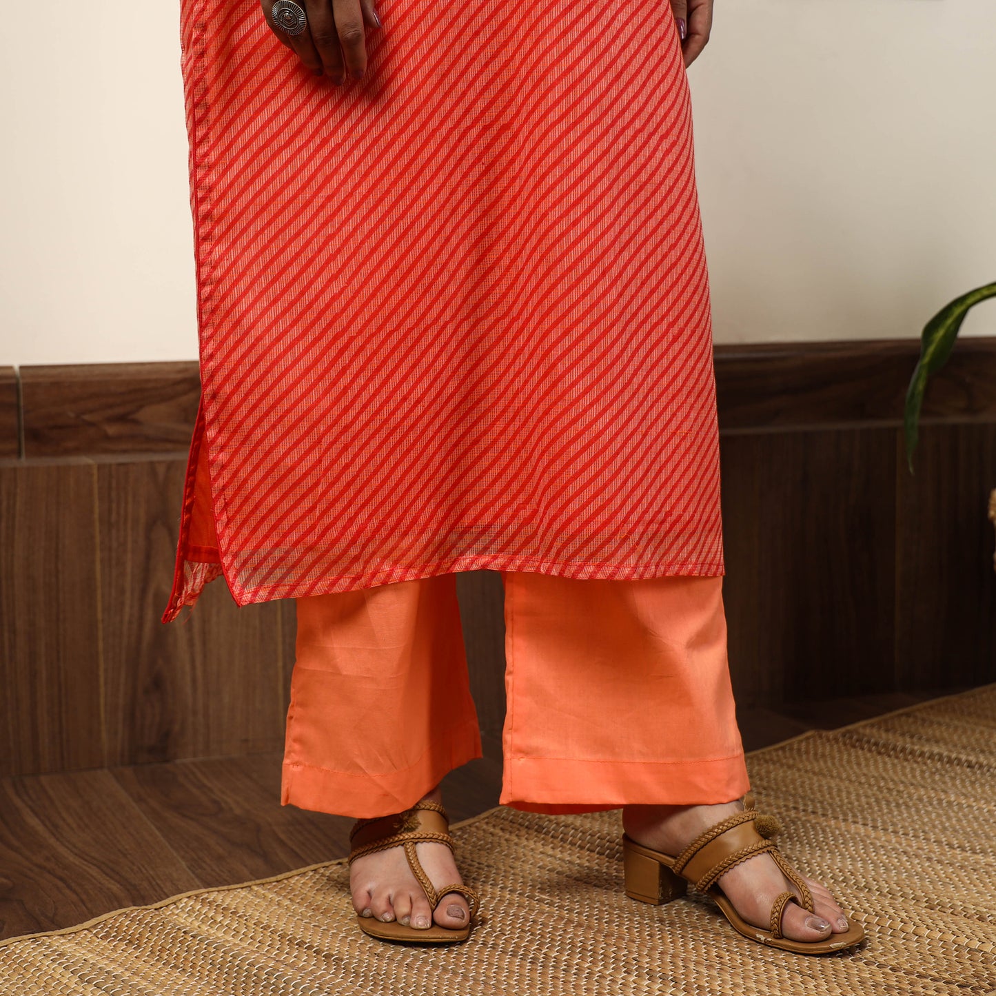 Orange - Leheriya Printed Kota Doria Kurta with Palazzo & Dupatta Set 19