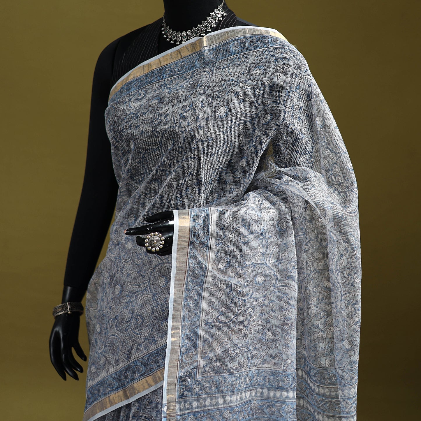 Blue - Sanganeri Hand Block Print Kota Doria Cotton Saree 15
