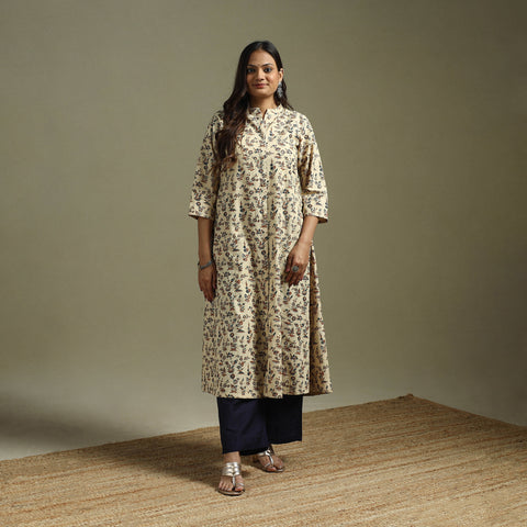 Beige - Pedana Block Print Natural Dyed Cotton A-Line Kalamkari Kurta 01