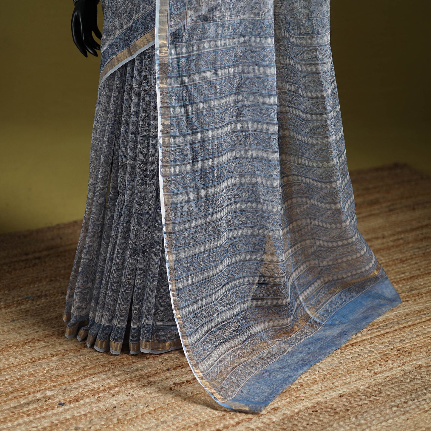 Blue - Sanganeri Hand Block Print Kota Doria Cotton Saree 15