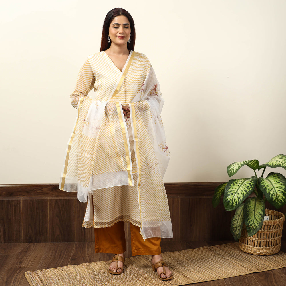 White - Leheriya Printed Kota Doria Kurta with Palazzo & Dupatta Set 18