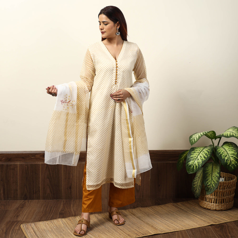 White - Leheriya Printed Kota Doria Kurta with Palazzo & Dupatta Set 18