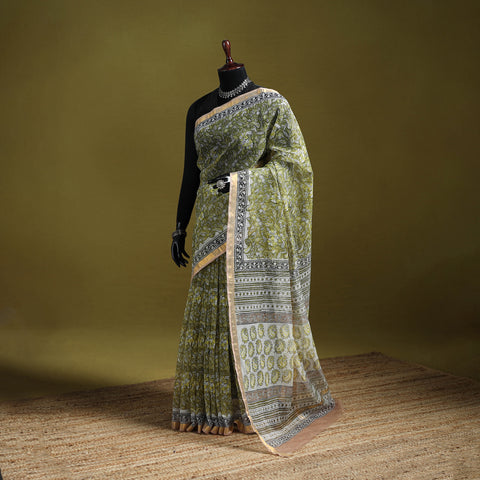 Green - Sanganeri Hand Block Print Kota Doria Cotton Saree 16