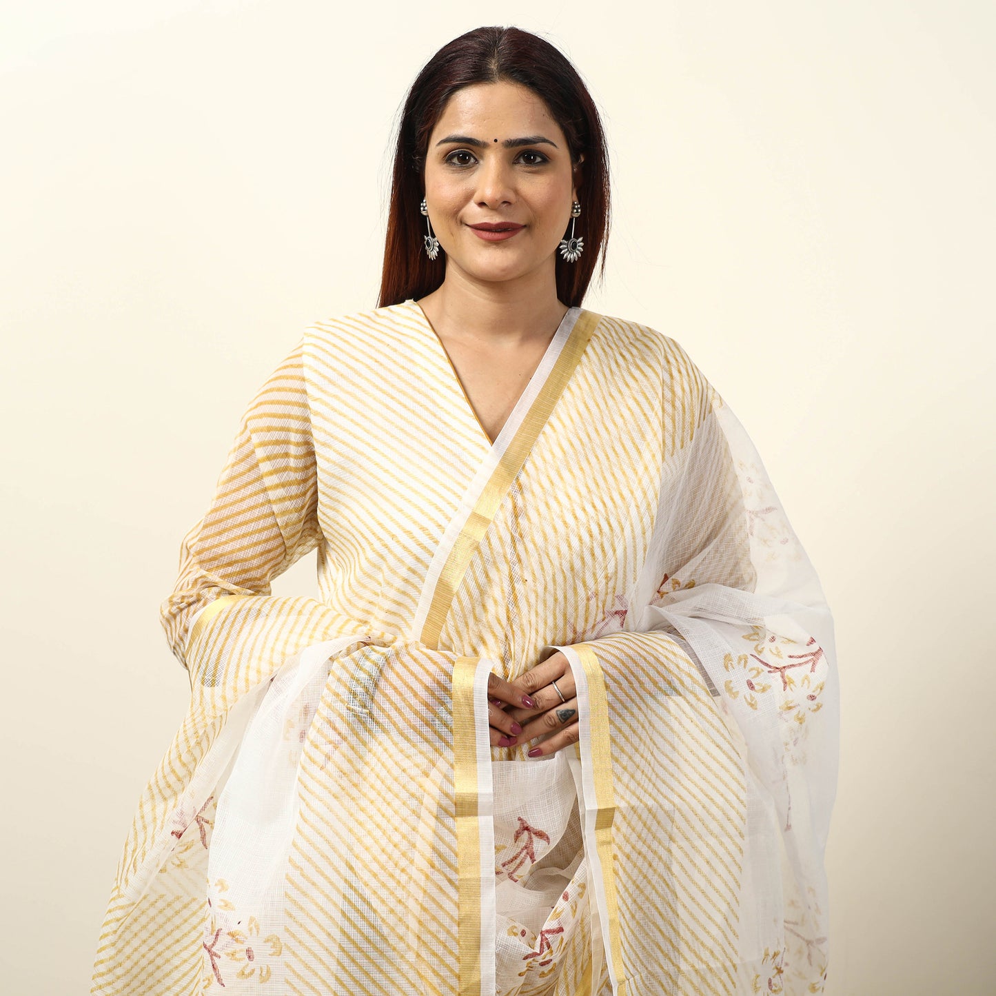 White - Leheriya Printed Kota Doria Kurta with Palazzo & Dupatta Set 18