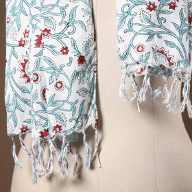 White - cotton sanganeri stole with tassels 02 - handcrafted