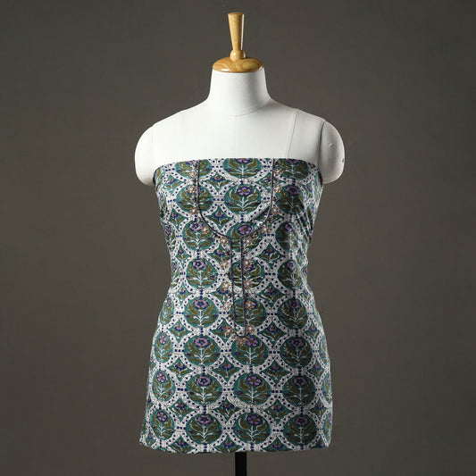 Green - Embroidered Sanganeri Block Print Cotton Kurta Material with Beads - 2.5 Meter