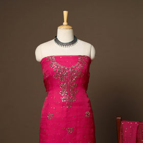 Pink - 2pc organza silk unstitched mukaish handwork dress