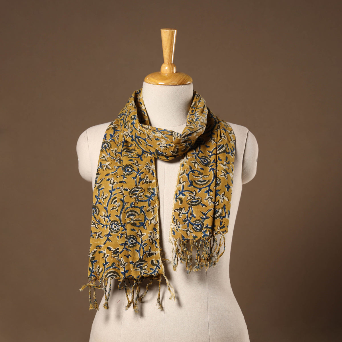 Yellow - Block Print Cotton Sanganeri Stole with Tassels 06