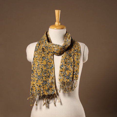 Yellow - Block Print Cotton Sanganeri Stole with Tassels 06