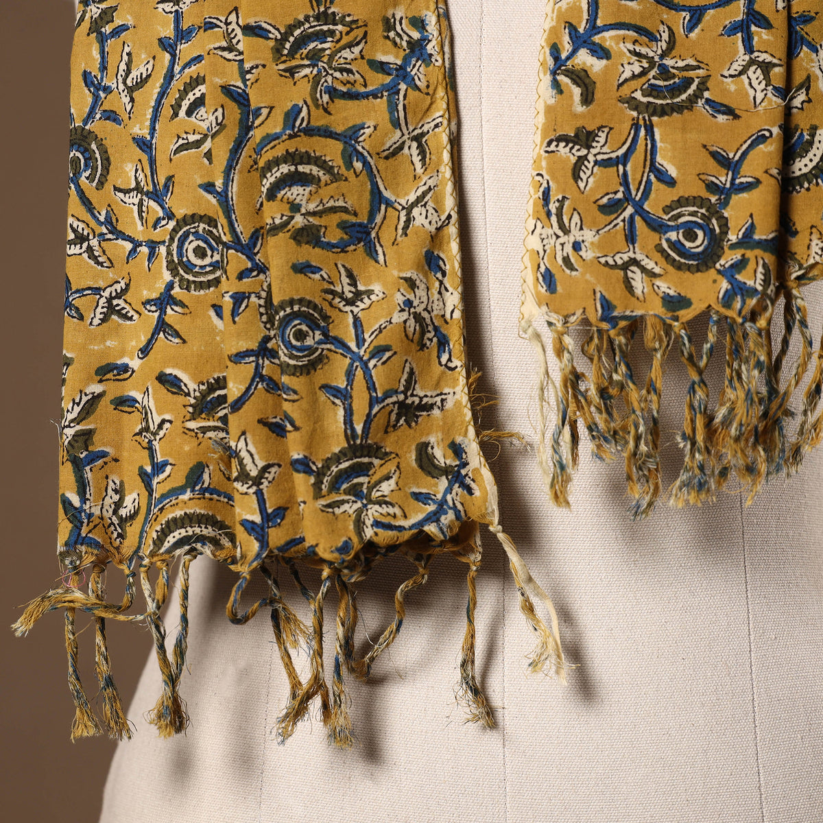 Yellow - Block Print Cotton Sanganeri Stole with Tassels 06
