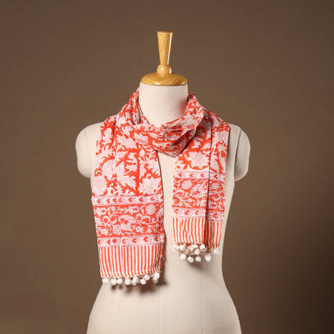 Red - cotton sanganeri stole with tassels 07 - handcrafted