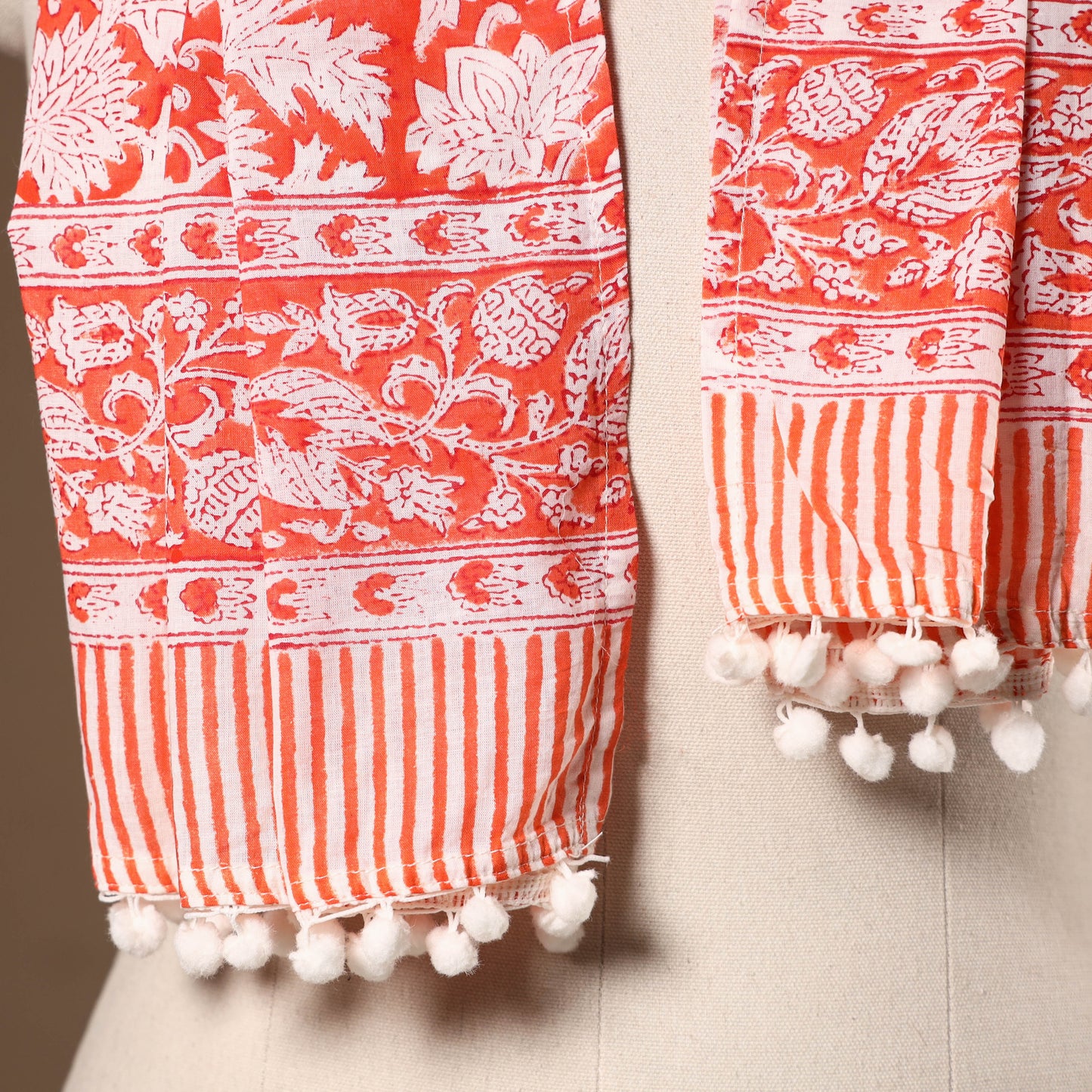Red - cotton sanganeri stole with tassels 07 - handcrafted
