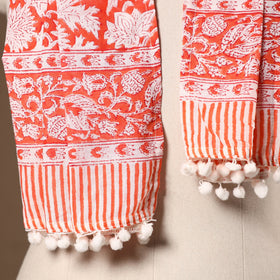 Red - cotton sanganeri stole with tassels 07 - handcrafted