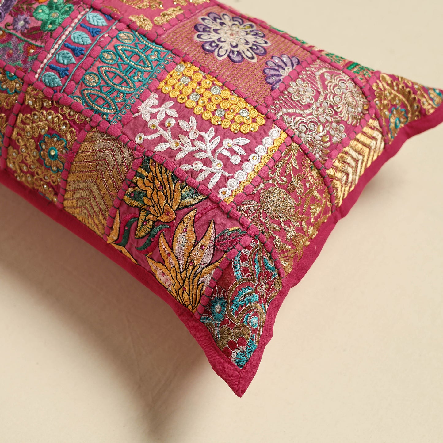 Khambadiya Patchwork Hand Embroidered Pillow Cover 05