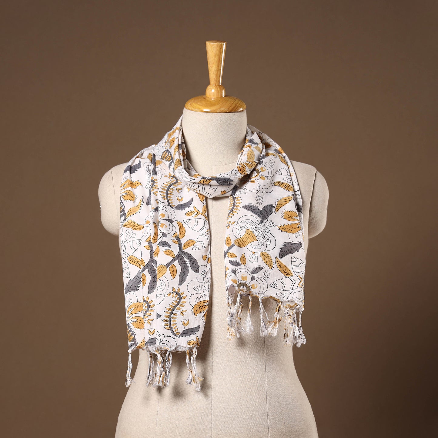 White - cotton sanganeri stole with tassels 09 - handcrafted