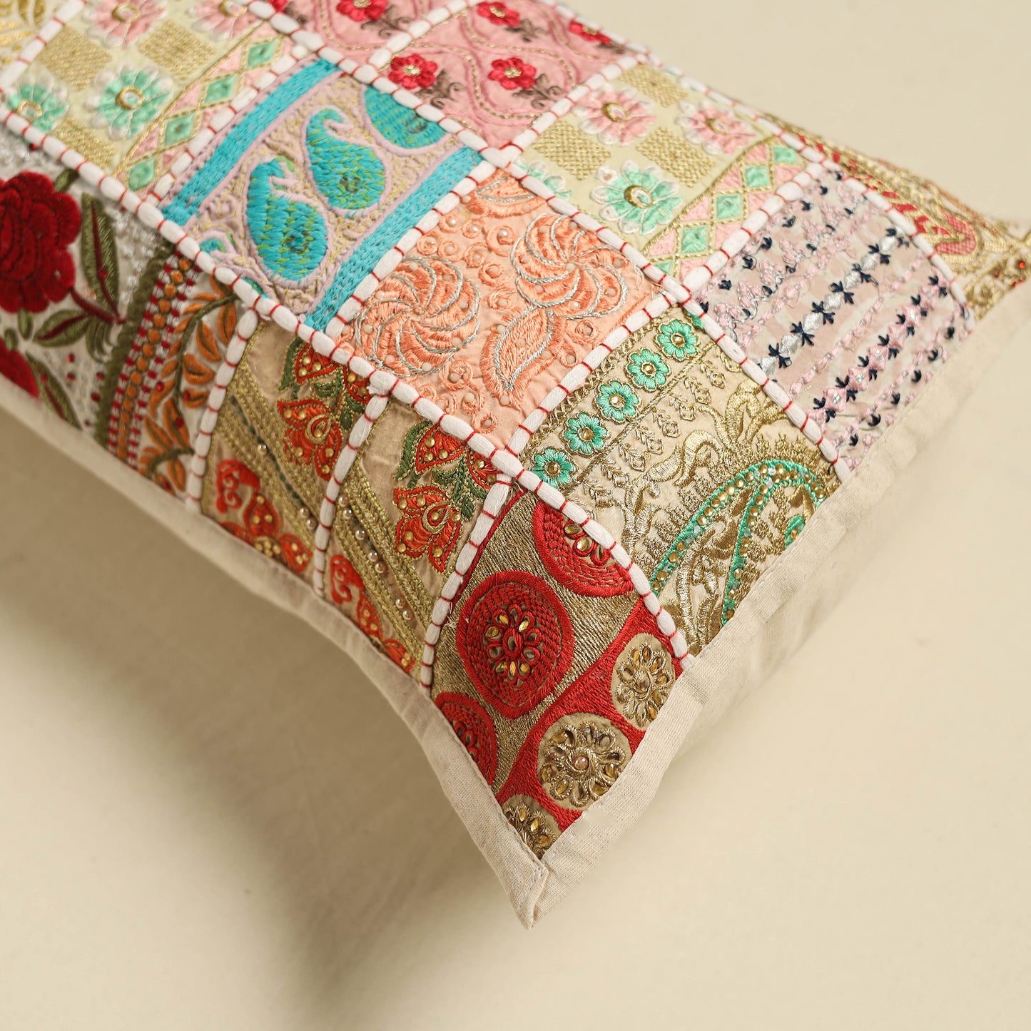 Khambadiya Patchwork Hand Embroidered Pillow Cover 06