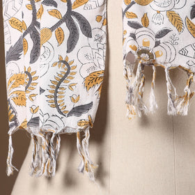 White - cotton sanganeri stole with tassels 09 - handcrafted