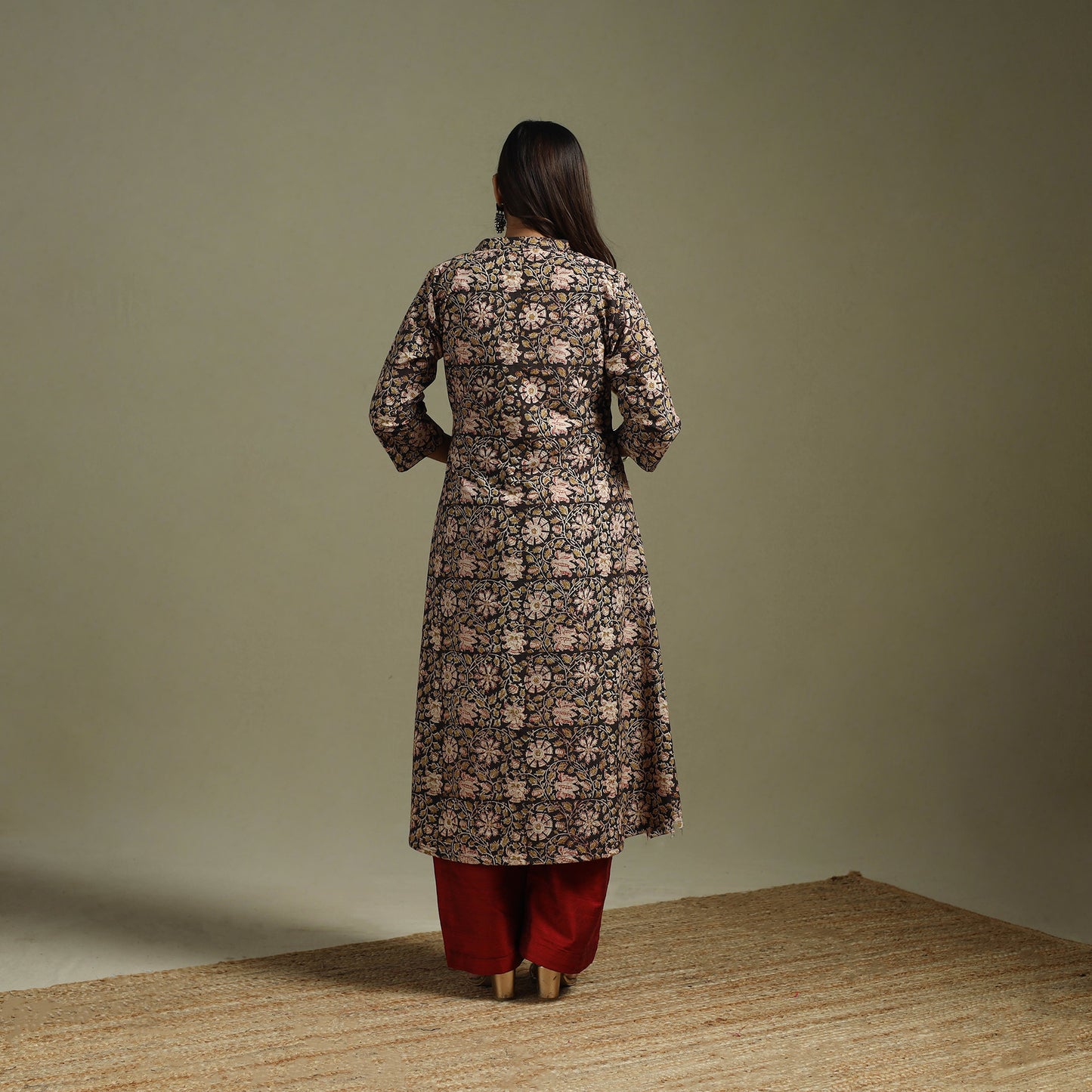 Black - Pedana Block Print Natural Dyed Cotton A-Line Kalamkari Kurta 02