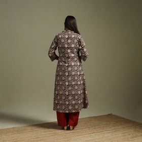Black - Pedana Block Print Natural Dyed Cotton A-Line Kalamkari Kurta 02