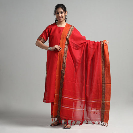 Red - Dharwad Cotton Kurta with Palazzo & Dupatta Set