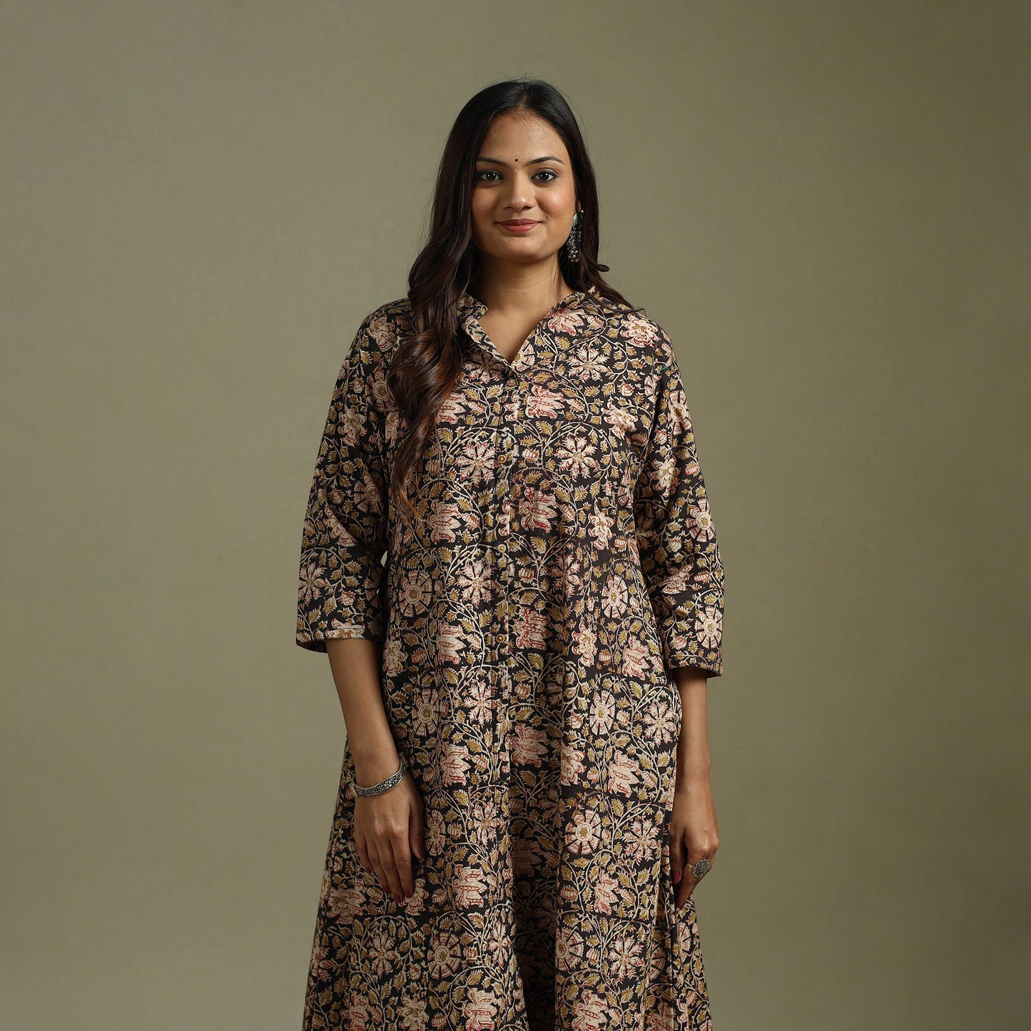 Black - Pedana Block Print Natural Dyed Cotton A-Line Kalamkari Kurta 02