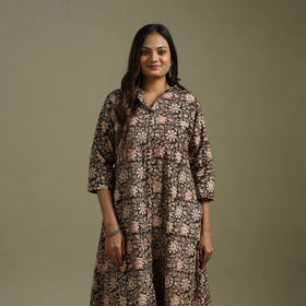 Black - Pedana Block Print Natural Dyed Cotton A-Line Kalamkari Kurta 02