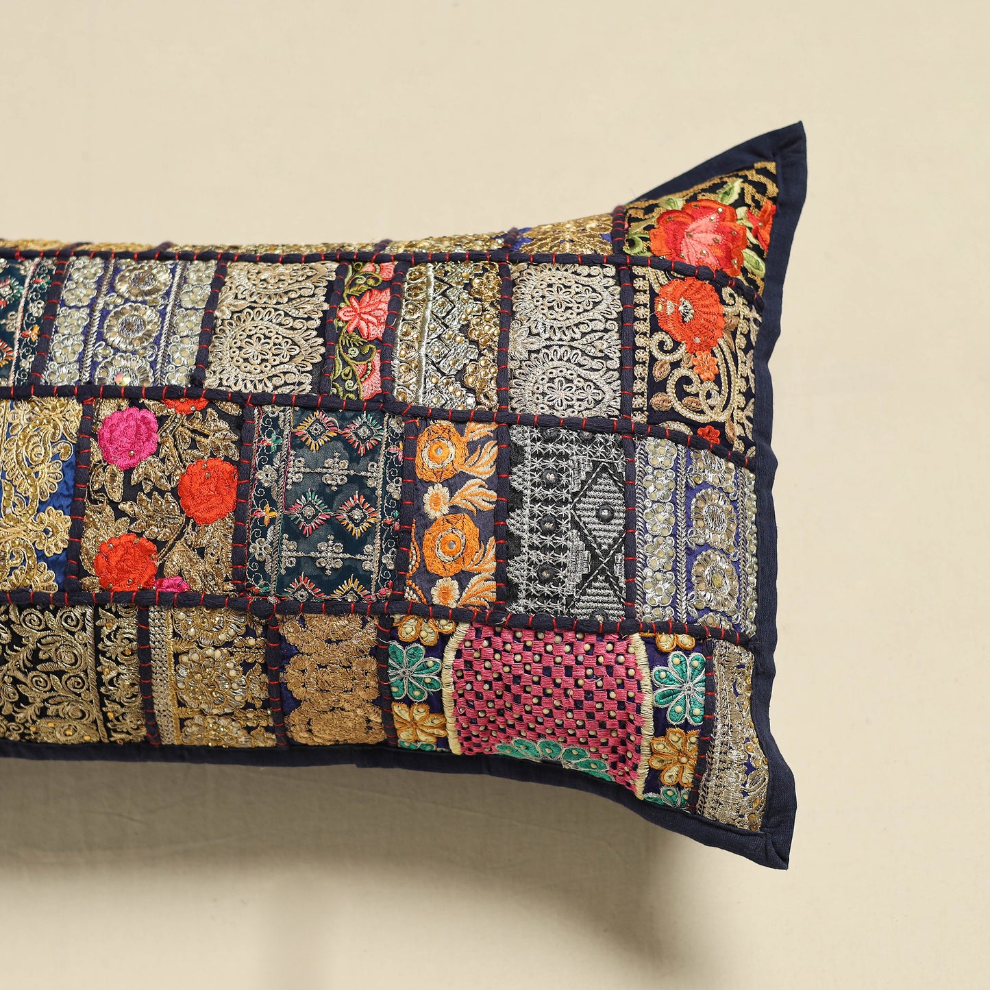Khambadiya Patchwork Hand Embroidered Pillow Cover 07