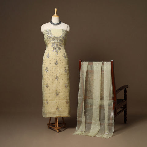 Beige - 2pc organza silk unstitched mukaish handwork dress