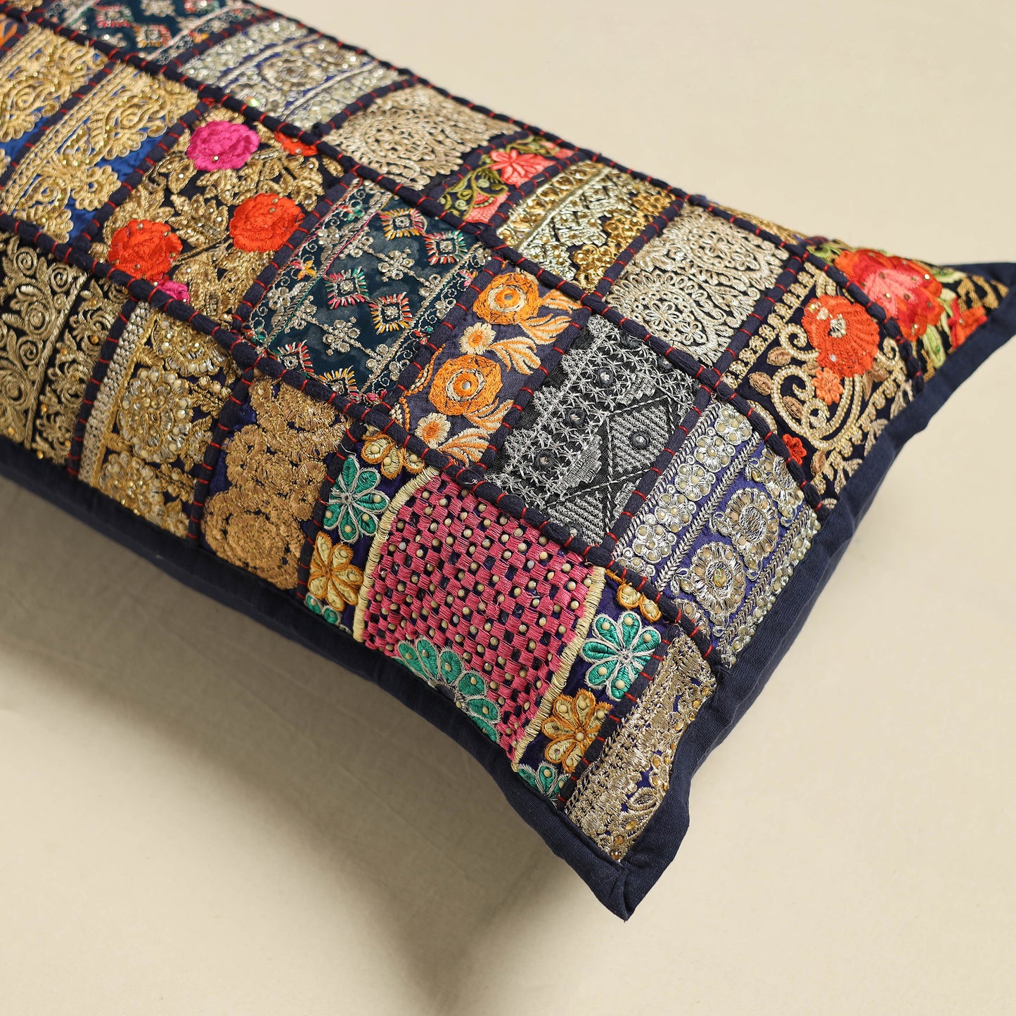 Khambadiya Patchwork Hand Embroidered Pillow Cover 07