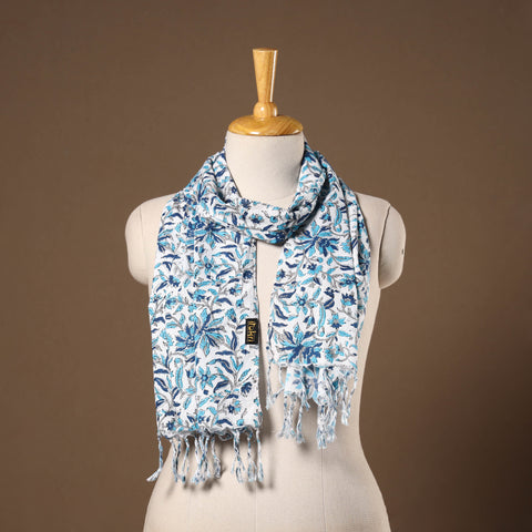 Blue - cotton sanganeri stole with tassels 13 - handcrafted