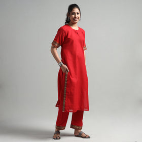 Red - Dharwad Cotton Kurta with Palazzo & Dupatta Set