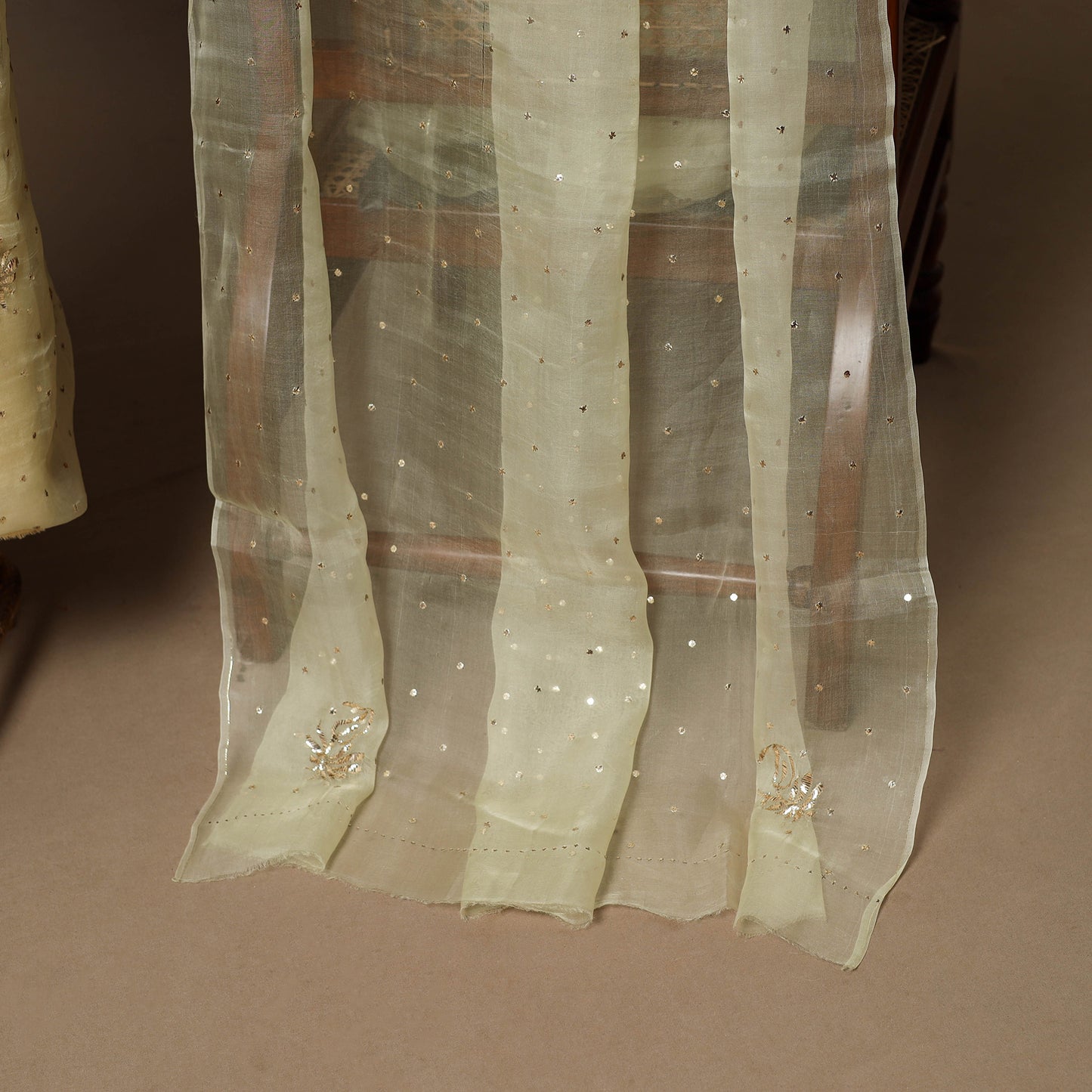 Beige - 2pc organza silk unstitched mukaish handwork dress