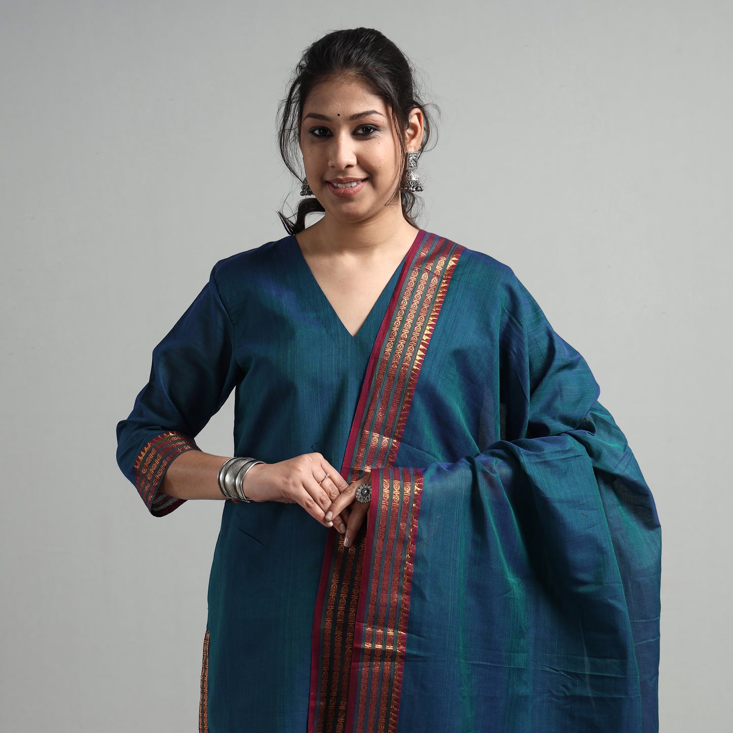 Teal Green - Dharwad Cotton Kurta with Palazzo & Dupatta Set