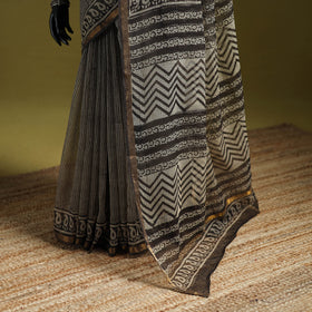 Black - Bagru Hand Block Print Kota Doria Cotton Saree 21