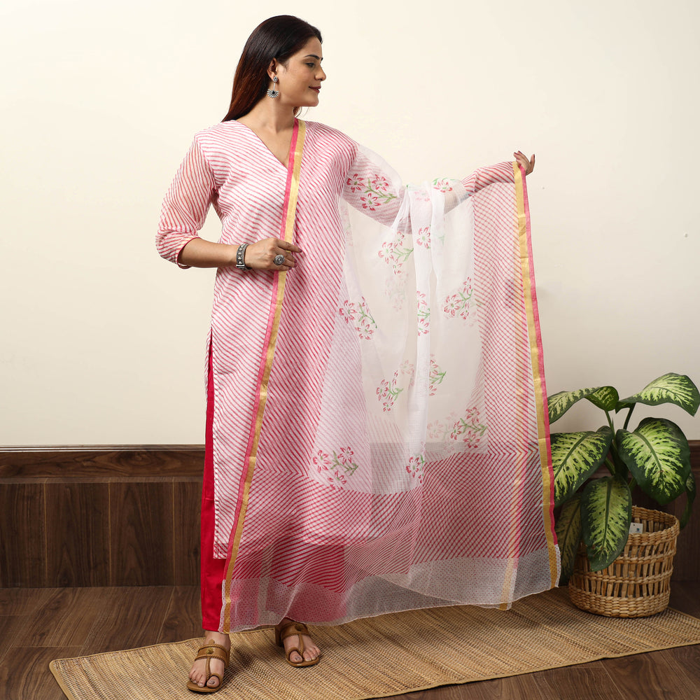 Pink - Leheriya Printed Kota Doria Kurta with Palazzo & Dupatta Set 17