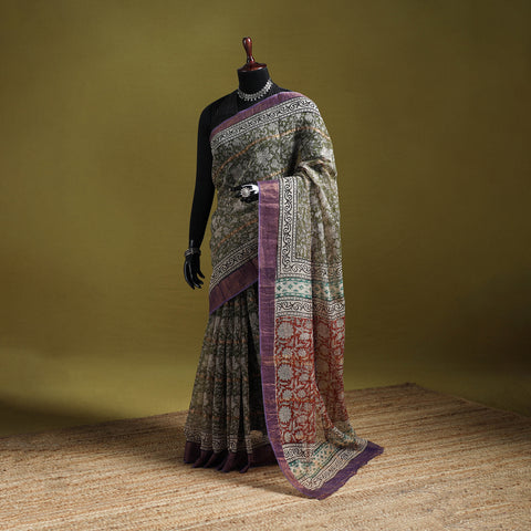 Green - Bagru Hand Block Print Kota Doria Cotton Saree 22