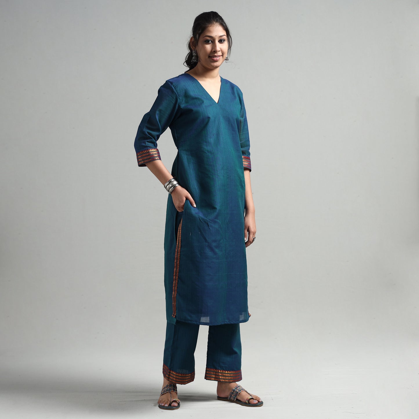 Teal Green - Dharwad Cotton Kurta with Palazzo & Dupatta Set