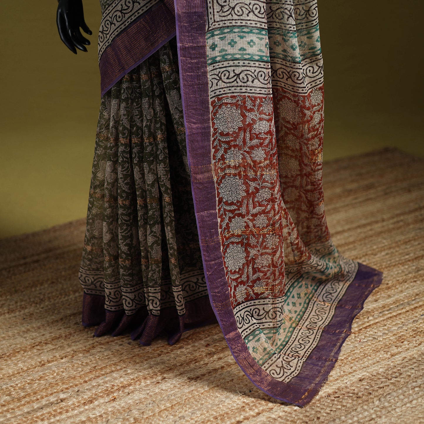Green - Bagru Hand Block Print Kota Doria Cotton Saree 22