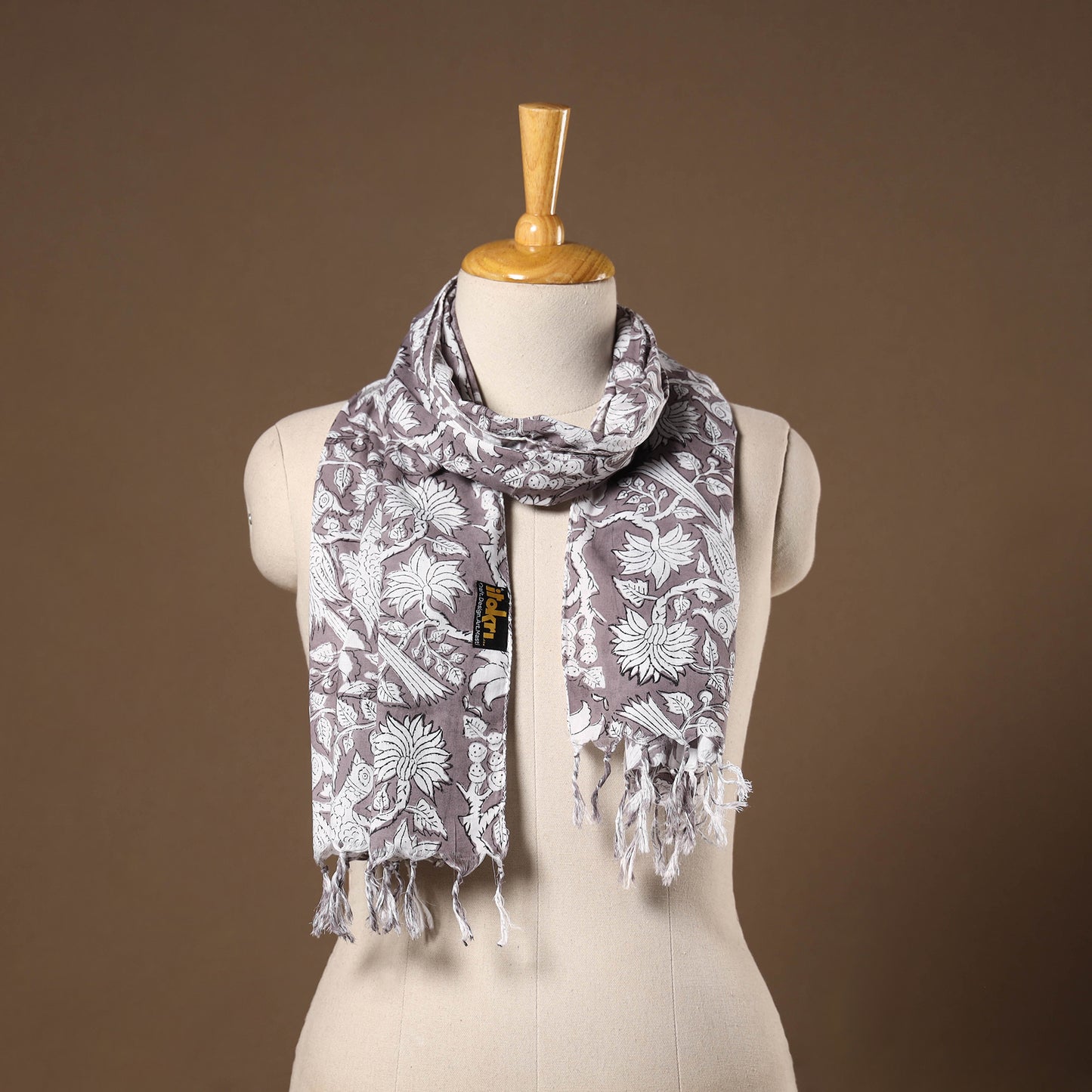 Grey - cotton sanganeri stole with tassels 17 - handcrafted