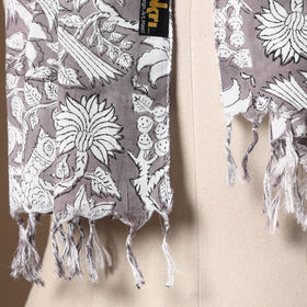 Grey - cotton sanganeri stole with tassels 17 - handcrafted