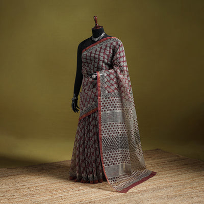Black - Maroon - Bagru Hand Block Print Kota Doria Cotton Saree 23