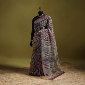 Black - Maroon - Bagru Hand Block Print Kota Doria Cotton Saree 23