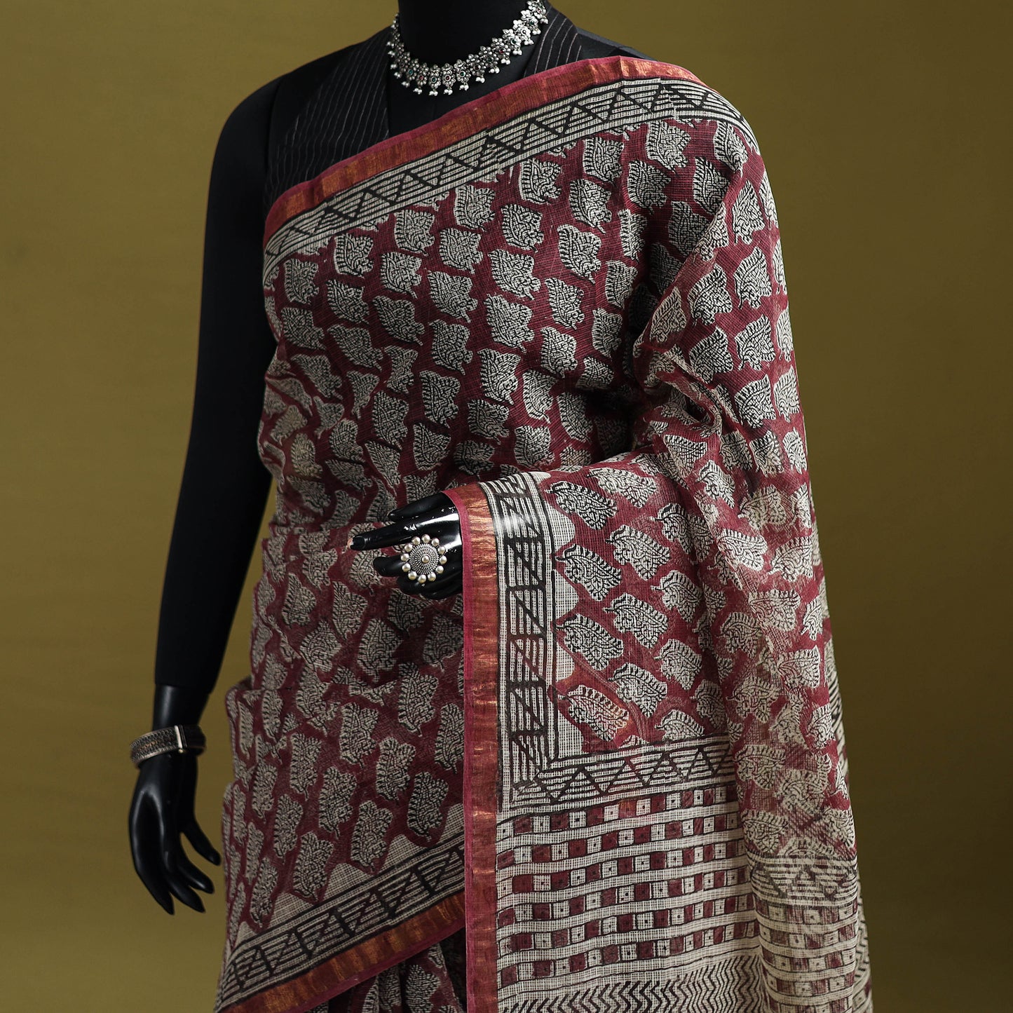 Black - Maroon - Bagru Hand Block Print Kota Doria Cotton Saree 23