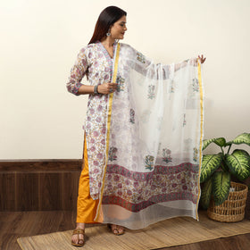 White - Sanganeri Block Printed Kota Doria Kurta with Palazzo & Dupatta Set 14