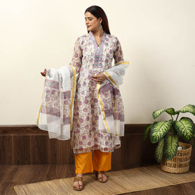 White - Sanganeri Block Printed Kota Doria Kurta with Palazzo & Dupatta Set 14