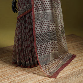Black - Maroon - Bagru Hand Block Print Kota Doria Cotton Saree 23