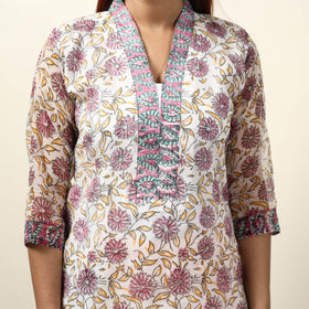 White - Sanganeri Block Printed Kota Doria Kurta with Palazzo & Dupatta Set 14
