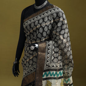 Black - Bagru Hand Block Print Kota Doria Cotton Saree 24