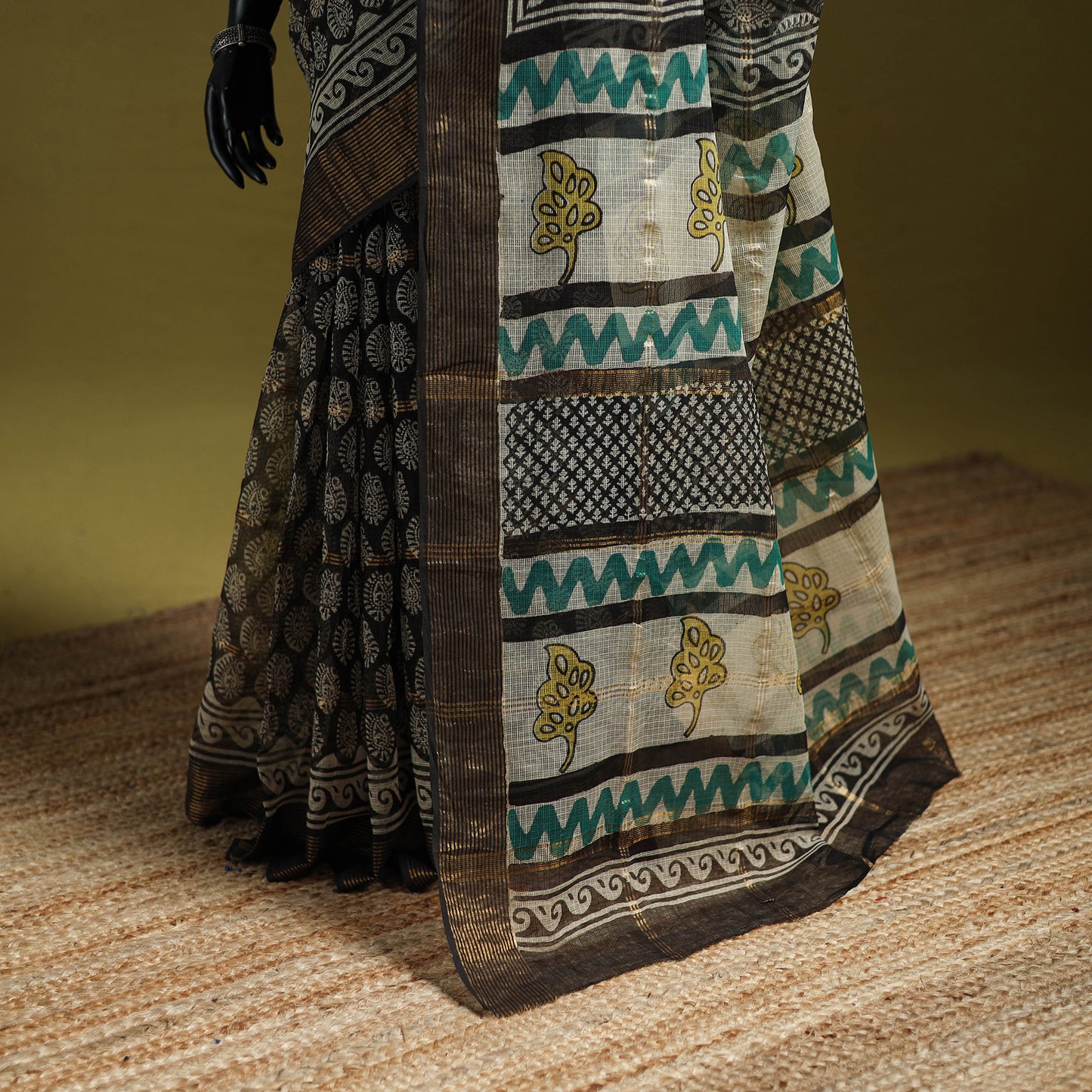 Black - Bagru Hand Block Print Kota Doria Cotton Saree 24