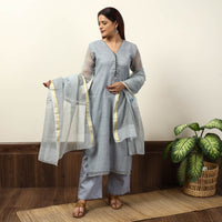 Grey - Leheriya Printed Kota Doria Kurta with Palazzo & Dupatta Set 16